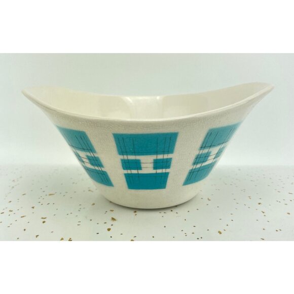Vintage 1950s Primastone Danube bowl, teal, cream, grey, MCM decor - Picture 5 of 10
